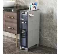 Torre de almacenamiento de baño con 4 cajones transparentes y carrito rodante para espacios pequeños, armario de plástico con ruedas para ahorrar espacio, color blanco y gris