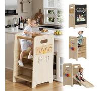 Torre de Aprendizaje Montessori 4 en 1 Altura ajustable Taburete Infantil Multiusos con Pizarra & Escalera deslizante para Niños Montessori Torre Madera Torre ayudante de Cocina con Barra de Seguridad