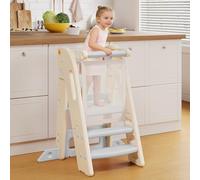 Torre de Aprendizaje Niños, Plegable, Torre de Aprendizaje Montessori, Escalón para niños Ajustable en Altura de 2 a 3 escalones, Torre Aprendizaje para Cocina, baño y lavabos (Blanco Crema)