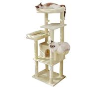 Torre de árbol para Gatos de Varios Niveles con Plataforma Extendida, Rascador para Gatos con Percha Acolchada, Postes Rascadores, 2 Pelotas para Usar como Casa de Juegos(Beige)
