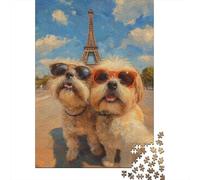 Torre de París Monumento Perros adorables de compañía Puzzle de 1000 Piezas Papel para Adultos Relajación Interacción Familiar Regalo Decoración Hogar 38x26cm/1000pcs
