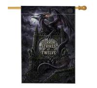 Torre de reloj gótico con cita de dragón para Halloween, bandera de casa de | Torre de reloj gótico, bandera de patio, murciélagos espeluznantes, ambiente de fantasía oscura, decoración de paisaje de