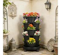 Torre de siembra de 5 pisos con ruedas, torre de fresa apilable con riego | Macetero vertical para balcón, jardín, fresas, hierbas, verduras, flores