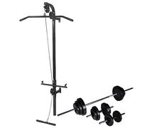 Torre de tracción montada en la pared con barra y mancuernas, 30,5 kg de discos, estación de fuerza de acero, incluye dos poleas, barra de poleas y cable de tracción