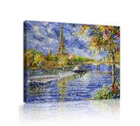 Torre Eiffel de París barcos fluviales en lienzo arte mural de escena urbana europea pintura de carteles de árboles amarillos de otoño mural grabado para la oficina y decoración del hogar 60x80cm