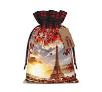 Torre Eiffel de París con estampado de hojas de otoño, bonito color a juego, bolsa de Navidad con diseño de cordón para fiesta de Navidad, embalaje de regalo
