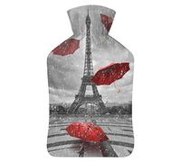 Torre Eiffel y paraguas botella de agua de goma con cubierta de felpa suave, bolsa de agua caliente para invierno, manos y pies, protección contra el frío, 1000 ml