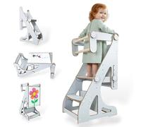Torre Montessori 4 en 1 para niños - Torre de Aprendizaje, Mesa con Silla, Pizarra Infantil y Silla Evolutiva Ajustable - Madera Segura, 2 a 9 años (Gris)