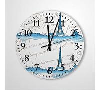 Torre París-Eiffel - Azul Rústico Redondo Relojes De Pared Sin Tictac Reloj De Cuarzo Fácil De Leer Reloj De Pared para Rústico Oficina Estudio Oficina 25Cm
