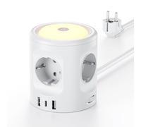 Torre Regleta Enchufes 16A con Luces LED Nocturnas 3 Modos de Iluminación, Cubo Regleta Enchufes con USB Alargador Enchufe 2M, Ladron Enchufes con Interruptor para Casa Oficina Enchufe Regleta