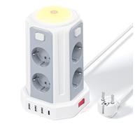 Torre Regletas Enchufes (3600W/16A), 2 M Enchufes Vertical con 4 Puertos USB y 8 Enchufes Tomas Protección con Interruptor y luz para Mesa, Oficia, Casa