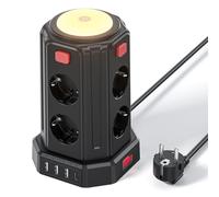 Torre Regletas Enchufes (3600W/16A), 2 M Enchufes Vertical con 4 Puertos USB y 8 Enchufes Tomas Protección con Interruptor y luz para Mesa, Oficia, Casa