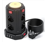 Torre Regletas Enchufes (3600W/16A), 3M Enchufes Vertical con 4 Puertos USB y 8 Enchufes Tomas Protección con Interruptor y luz para Mesa, Oficia, Casa