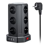 Torre Regletas Enchufes con Cable 5M, Regleta USB 12 Tomas de AC Corrientes y 4 USB, 3680W/16A, Regreltas Vertical con Interruptor para Mesa, Oficia, Casa