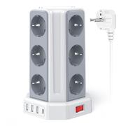 Torre Regletas Enchufes con Cable 5M, Regleta USB 12 Tomas de AC Corrientes y 4 USB, 3680W/16A, Regreltas Vertical con Interruptor para Mesa, Oficia, Casa