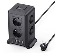 Torre Regletas Enchufes, Regleta USB 8 Tomas de AC y 4 USB Enchufe Multiple, 2500W/10A,Regleta Enchufes Proteccion Sobretension, 2M Regreltas Vertical con Interruptor para Mesa, Oficia, Casa, Negro