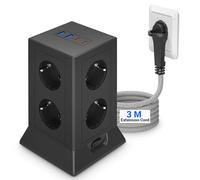 Torre Regletas Enchufes, Regleta USB 8 Tomas y 4 USB, Regleta Enchufe Plano con Protección Sobretensione, Regreltas Vertical 2M con Interruptor para Mesa, Oficia, Casa, Negro (3M)