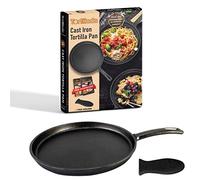 Tortillada - 26cm Plancha/Sartén de hierro fundido sazonado para Crepes + Soporte para mango caliente + E-book con 50 Recetas con Tortillas