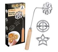 Tortillada - Juego de 4 moldes para buñuelos con mango de madera para hacer rosetas, galletas, utensilio para hacer buñuelos de aluminio fundido con 3 moldes (estrella flor circulo)