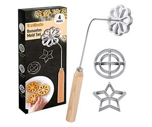 Tortillada - Juego de 4 moldes para buñuelos con mango de madera para hacer rosetas, galletas, utensilio para hacer buñuelos de aluminio fundido con 3 moldes (estrella flor circulo)