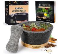Tortillada - Juego de mortero y maja de 16cm, grande, hecho de granito natural con base de madera antirayaduras, molinillo de hierbas y especias de granito con 50 recetas, color negro