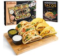Tortillada - Juego de soporte para tacos/Hotdog hecho de acero inoxidable para hasta 6 tacos - in andeja de servicio hecha de madera, tazones de inmersión de cerámica y libro de recetas