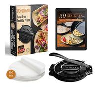 Tortillada - Prensa para Tortillas de Hierro Fundido 20 cm - Tortilla Maker para Tacos, Wraps y Pan Plano - con E-Book de Recetas y 100 Hojas de Papel Pergamino