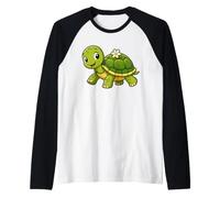 Tortuga Flor Caparazón Sonrisa Camiseta Manga Raglan