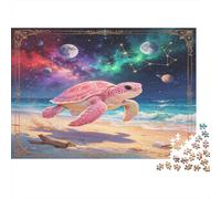 Tortuga Marina Rosa Puzzle de 1000 Piezas para Adultos Juego de Puzzle Papel Playa Cielo Nocturno Relajación Atención Decoración Regalo Familiar 52x38cm/1000pcs