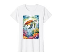 Tortuga oceánica pacífica y Arrecife Colorido Camiseta gráfica económica, Mujer, Blanco, XL