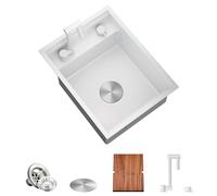 TORVA Fregadero blanco con estación de trabajo para bar, caravana, cocina, con grifo plegable integrado, acero inoxidable de calibre 16, 40,7 x 53,4 x 22,9 cm