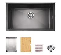 TORVA Fregadero de cocina bajo encimera de acero inoxidable de 1,2 mm, con revestimiento nano negro metalizado, fregadero de una sola estación con tabla de cortar y escurridor, 760 x 450 x 230 mm
