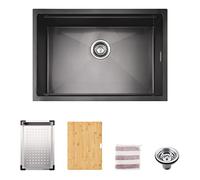 TORVA Fregadero de cocina bajo encimera de acero inoxidable de 1,2 mm, con revestimiento nano negro metalizado, fregadero de una sola estación con tabla de cortar y escurridor, 660 x 450 x 230 mm