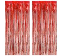 Torytoe Cortina metálica de 2 Piezas de Rojo Brillante Cortinas de Oropel Metálicas, Cortina Lámina Franjas con Flecos, Cortina de Borla Decoracion Bodas, Telón de Fondo Fotos (1m x 2m)