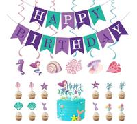 Torytoe Sirena Decoración de cumpleaños, Feliz Cumpleaños Banner Remolinos colgantes Decoración de la torta con el tema del océano de la sirena Fiesta de cumpleaños para las niñas