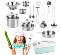 TOSAVGA Set de Juguetes de Cocina para Niños Accesorios, 17 Piezas Accesorios Cocina Juguetes Acero Inoxidable, Juguetes de Chef para Niños, Mini Cocina de Juguete con Utensilios, Juego de Roles