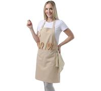 TOSHE Delantal de cocina de algodón resistente a las salpicaduras de agua con delantales ajustables para mujer con bolsillos delantal de cocina, Beige., Talla única