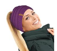 TOSKATOK® Gorro de invierno liso para mujer con orificio para cola de caballo, gorro acanalado para cabello desprolijo, Morado (, Talla única