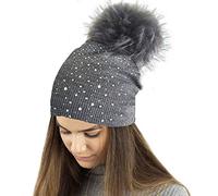TOSKATOK®Gorro de Punto Damas de Invierno con Apliques Glitter de Diamante y Pompones Grandes de Piel sintética