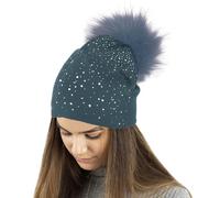 TOSKATOK®Gorro de Punto Damas de Invierno con Apliques Glitter de Diamante y Pompones Grandes de Piel sintética