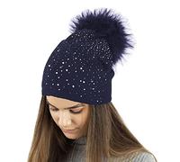 TOSKATOK®Gorro de Punto Damas de Invierno con Apliques Glitter de Diamante y Pompones Grandes de Piel sintética