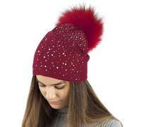 TOSKATOK®Gorro de Punto Damas de Invierno con Apliques Glitter de Diamante y Pompones Grandes de Piel sintética