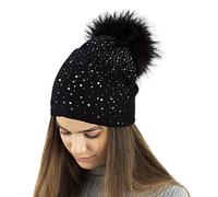 TOSKATOK®Gorro de Punto Damas de Invierno con Apliques Glitter de Diamante y Pompones Grandes de Piel sintética
