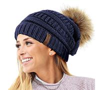 TOSKATOK® Gorro de punto texturizado para mujer con pompón de piel sintética desmontable - Compra con 1 o 2 pompones, A-NAVY 2 POMPOMS, Taille unique