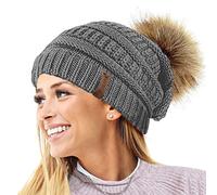 TOSKATOK® Gorro de punto texturizado para mujer con pompón de piel sintética desmontable - Compra con 1 o 2 pompones, A-GRIS CLARO 2 POM POMS, Taille unique