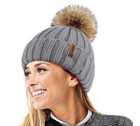 TOSKATOK® Invierno de Las Mujeres Costilla Punto Hat/Beanie con Desmontable de Piel Falsa Chunky Pom Pom Bobble-Grey