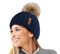 TOSKATOK® Invierno de Las Mujeres Costilla Punto Hat/Beanie con Desmontable de Piel Falsa Chunky Pom Pom Bobble-Navy