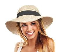 TOSKATOK Sombrero de Playa de Paja para Mujer UPF 50+ Protege de los Rayos UV, ala Ancha, Plegable para Viajes y Vacaciones