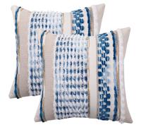 Tosleo Juego de 2 fundas de almohada bohemias de 18 x 18 pulgadas, fundas de almohada de felpilla a rayas azul cielo con felpa suave, fundas de cojín decorativas costeras para sofá, cama, sala de