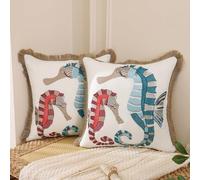 Tosleo Juego de 2 fundas de almohada bordadas de 18 x 18 pulgadas, con flecos de lino de algodón, estilo bohemio, decoración de granja, fundas cuadradas de hipocampo para primavera, verano, sofá,